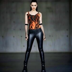 Tripp NYC Acid Wash Corset-Style Top Sz Sm | Black & Rust Orange Industrial Goth